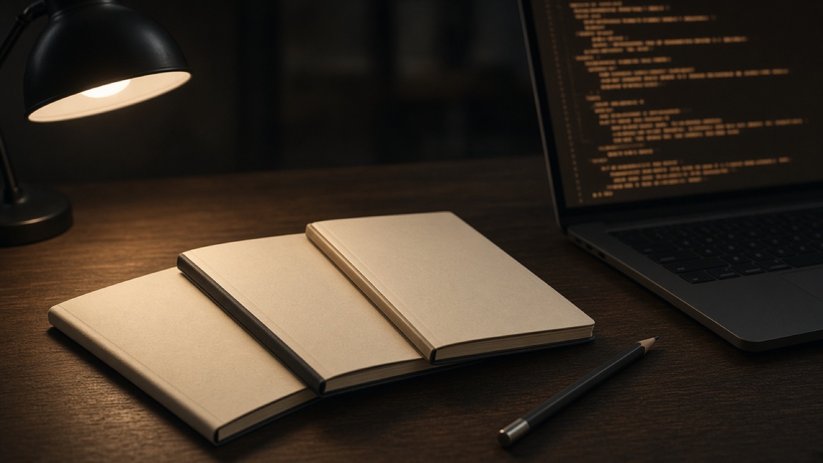 Three field notebooks and a laptop — runmypr PR review guides